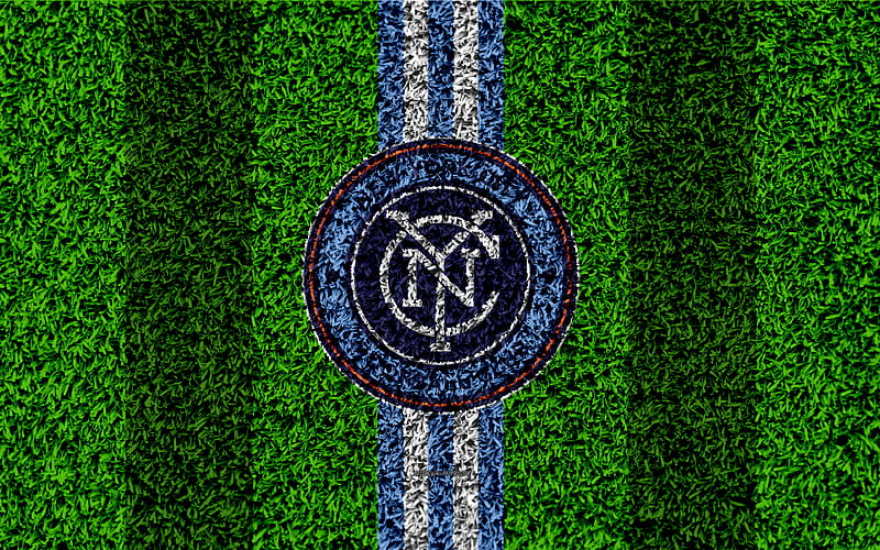 New York City FC MLS, football lawn, logo, american soccer club, white blue lines, grass texture, New York, USA, Major League Soccer, football, HD wallpaper