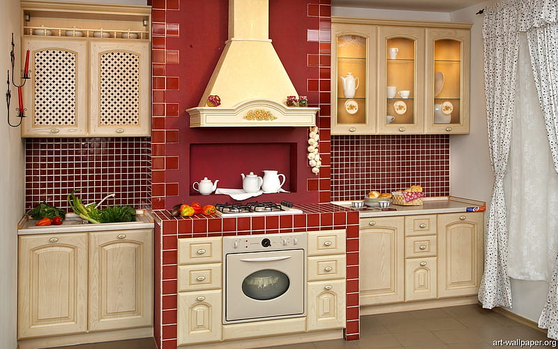 Country Kitchen, bricks, food, curtains, bench, stove, fruit, teaset, glass, timber, cupboards, tiles, HD wallpaper