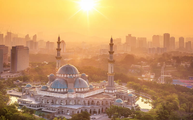 Federal Territory Mosque, Masjid Wilayah Persekutuan, Kuala Lumpur, Malaysia, mosque, sunset, Ottoman and Malay architectural styles, HD wallpaper
