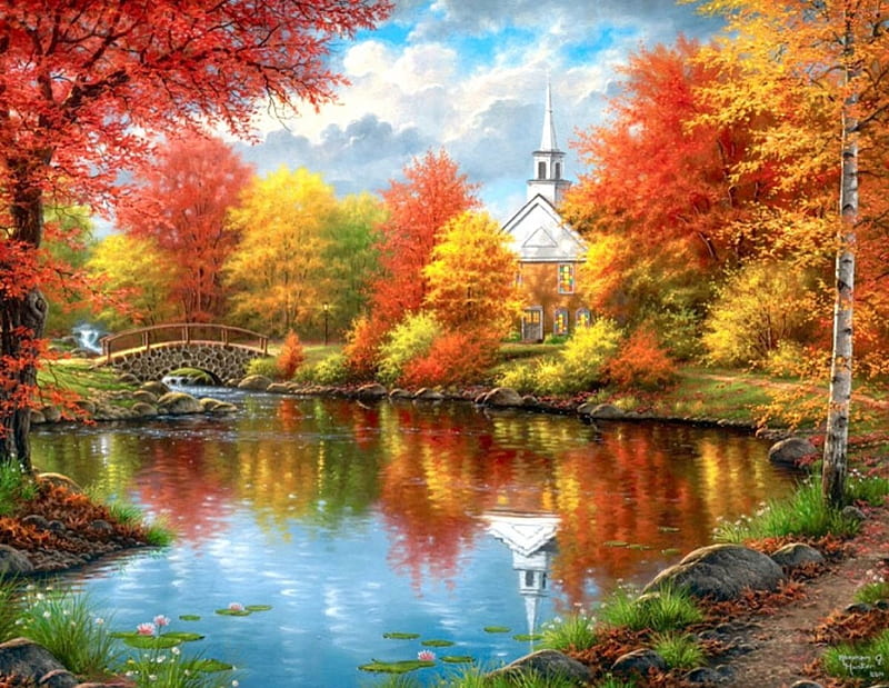 Autumn in All its Glory, Fall, colors, church, trees, outdoors, pond, water, Most ed, painting, beauty, nature, Autumn, HD wallpaper