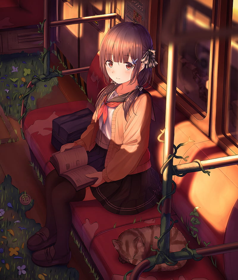 anime school girl, train, sunlight, loli, sweater, brown hair, Anime, HD phone wallpaper