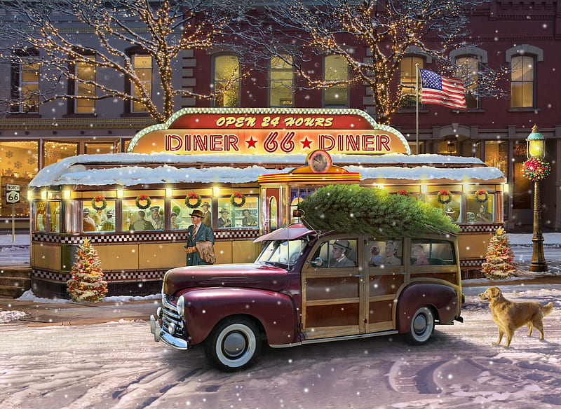 Christmas Diner on Route 66, tree, christmas, Diner, america, dog, flag, vintage, lights, car, HD wallpaper