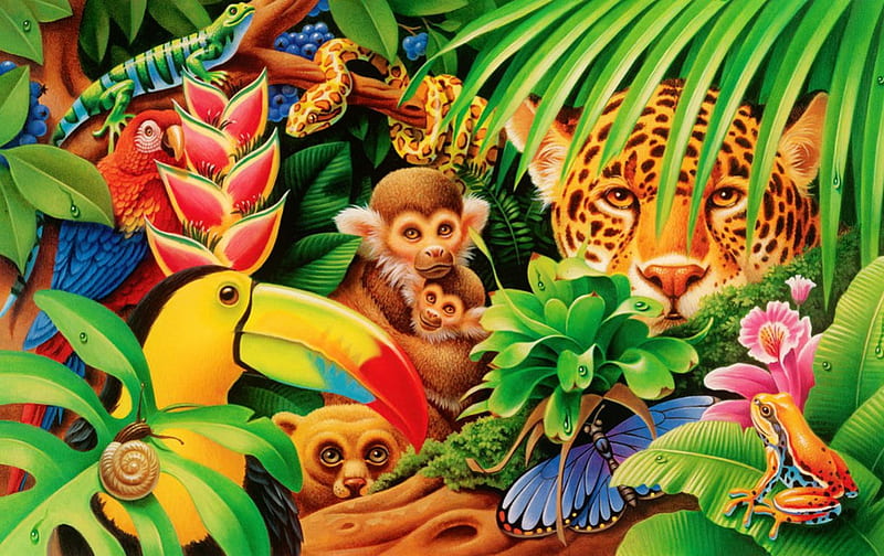 Jungle animals, colorful, exotic, bonito, tiger, parrot, cat, monkey, tree,  wild, HD wallpaper | Peakpx