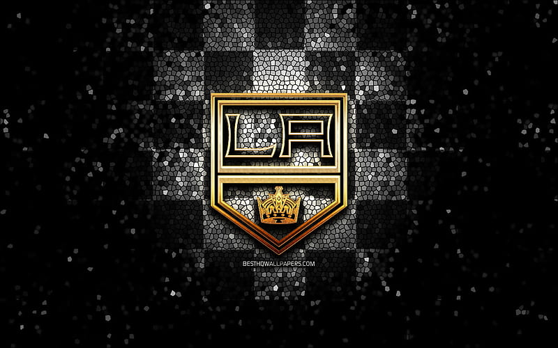 Los Angeles Kings, glitter logo, NHL, gray black checkered background, USA, american hockey team, Los Angeles Kings logo, mosaic art, hockey, America, LA Kings, HD wallpaper