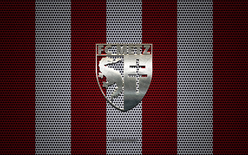 FC Metz logo, French football club, metal emblem, red and white white metal mesh background, FC Metz, Ligue 1, Metz, France, football, HD wallpaper