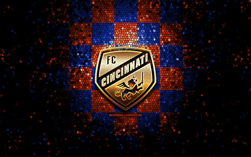 Cincinnati FC, glitter logo, MLS, blue orange checkered background, USA, american soccer team, FC Cincinnati, Major League Soccer, FC Cincinnati logo, mosaic art, soccer, football, America, HD wallpaper