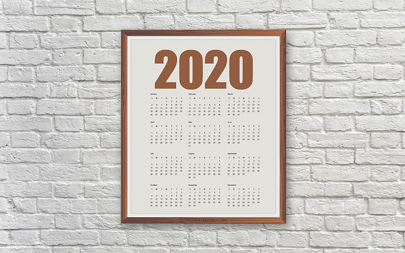 Calendar 2020 on the wall, 2020 all months, white brick wall, Calendar 2020, all months, HD wallpaper