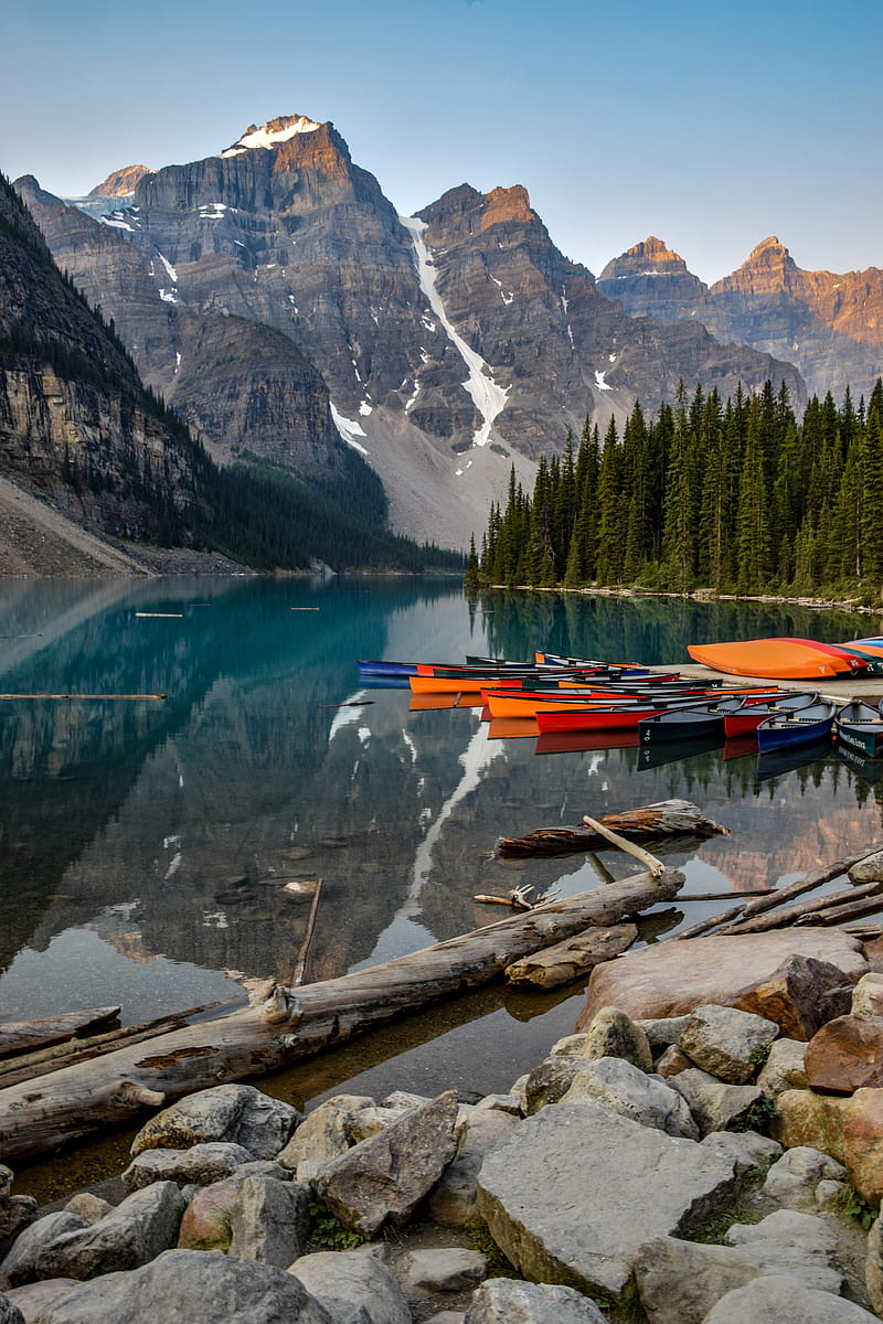 boats, lake, stones, mountains, snowy, HD phone wallpaper