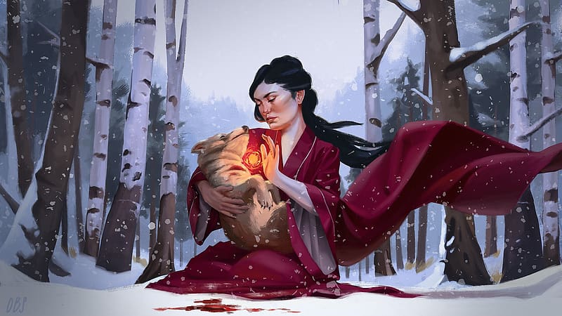 The Healer, girl, art, pink, winter, snow, animal, olivia butler stroud, fantasy, red, healer, iarna, HD wallpaper The Healer, girl, art, pink, winter, snow, animal, olivia butler stroud, fantasy, red, healer, iarna, HD wallpaper