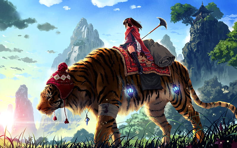 Anime, Weapon, Mountain, Bandage, Lantern, Tiger, Animal, Boots, Sunlight, Hat, Cape, Skirt, Necklace, Brown Hair, HD wallpaper