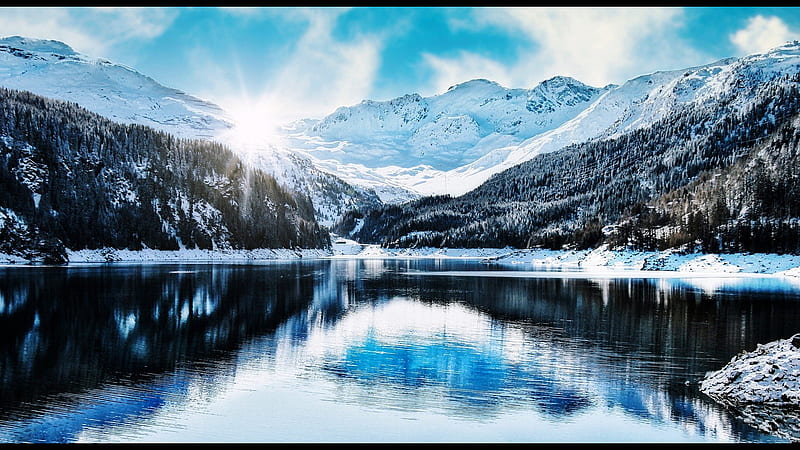 Alpine Lake, Firefox theme, snow, mountains, sunlight, ice, sky, lake, light, HD wallpaper