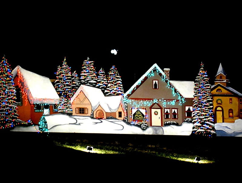 Winter Village in Lights, ornaments, christmas, decorations, village, nature, lawn, winter, HD wallpaper