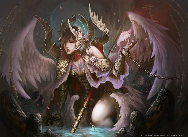 Chalice's torment, art, fantasy, wings, luminos, girl, angel, pink, shizen1102, HD wallpaper
