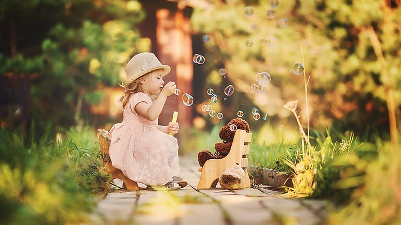 Cute Little Girl Is Blowing Soap Bubble Wearing Light Peach Color Dress And Hat Cute, HD wallpaper