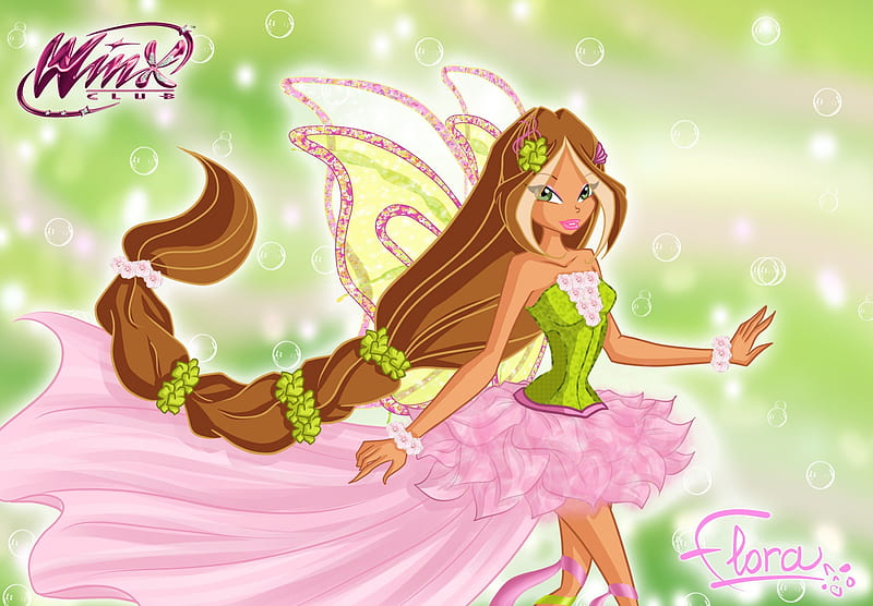 Flora, dress, green eyes, sparks, wing, winx, green, bubbles, hot, long hair, pink, fairy, bubble, wings, brown hair, gown, cartoon, sexy, abstract, cute, winx club, winxclub, HD wallpaper
