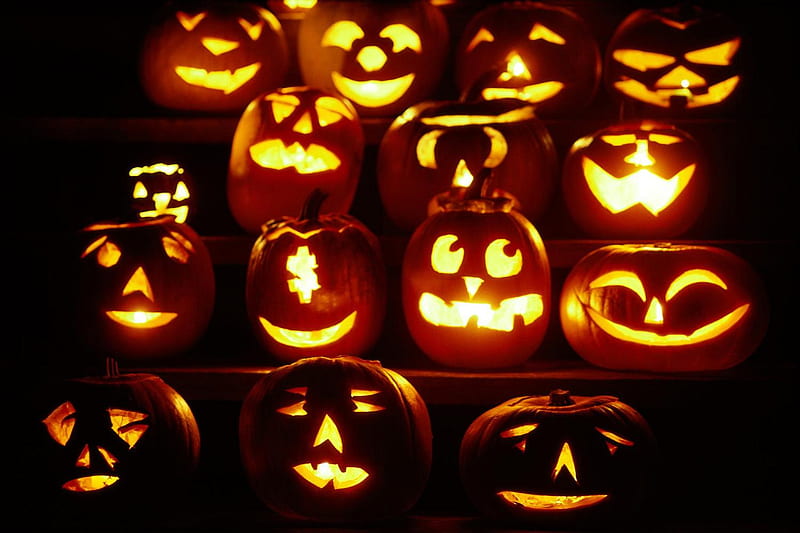 Halloween Pumpkins, carved, orange, face, pumpkins, night, candles, HD wallpaper