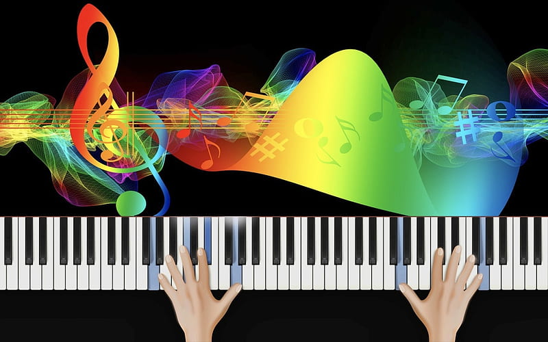 Piano Music, hands, instrument, notes, music, clef, colors, keyboard, piano, HD wallpaper