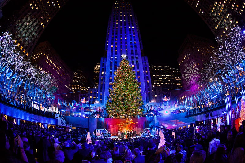 Christmas At Rockefeller Center, skyscraper, tree, new york, usa, lights, HD wallpaper