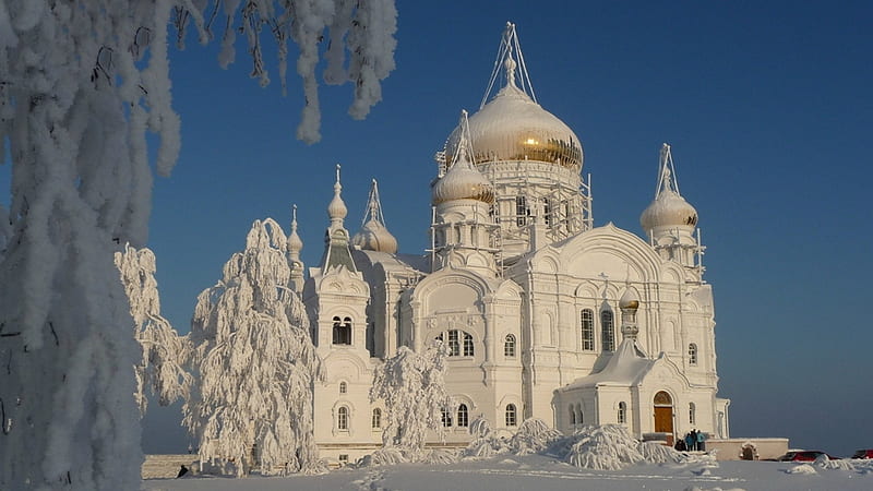White Russian Church in the Snow, Church, Building, Religious, White, Russian, Snow, Winter, HD wallpaper