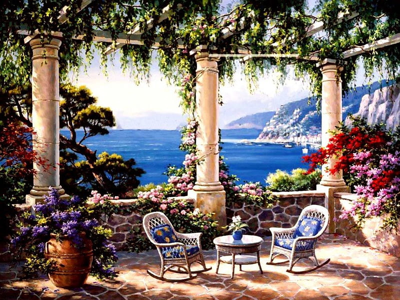 Afternoon Terrace, table, view, chairs, flowers, drink, sea, HD wallpaper |  Peakpx