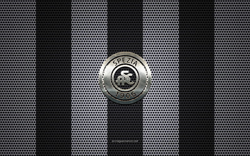 Spezia Calcio logo, Italian football club, metal emblem, black and white metal mesh background, Spezia Calcio, Serie B, La Spezia, Italy, football, HD wallpaper