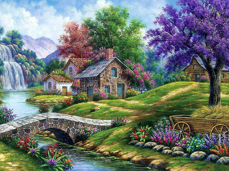Tranquility, cottage, mountains, painting, waterfall, river, trees, artwork, HD wallpaper