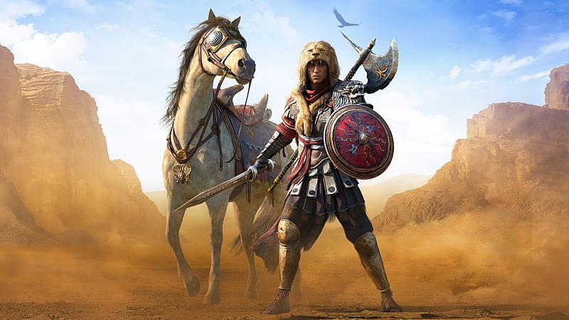 Roman Centurion, roman, luminos, assassins creed, shield, man, horse, centurion, origins, fantasy, HD wallpaper