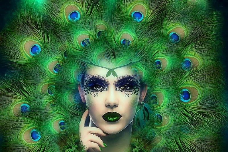 ~Lady Peacock~, peacock, love four seasons, creative pre-made, digital art, woman, fantasy, green, manipulation, makeup, weird things people wear, feathers, HD wallpaper