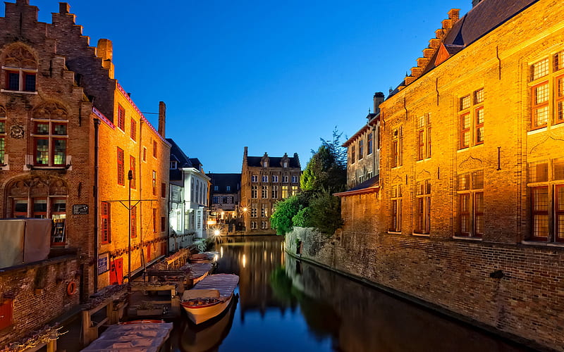 Brugge, Belgium, evening, canal, boat, cityscape, HD wallpaper