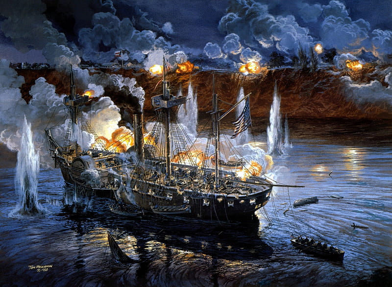 Old Battleship, cannons, battle, boat, firing, steamship, artwork, sea, HD wallpaper