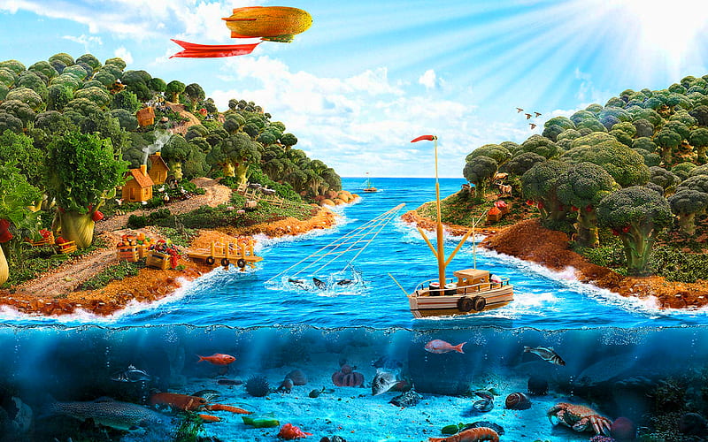 two islands, strait, boat, vegetables art, creative, 3D art, underwater world, HD wallpaper