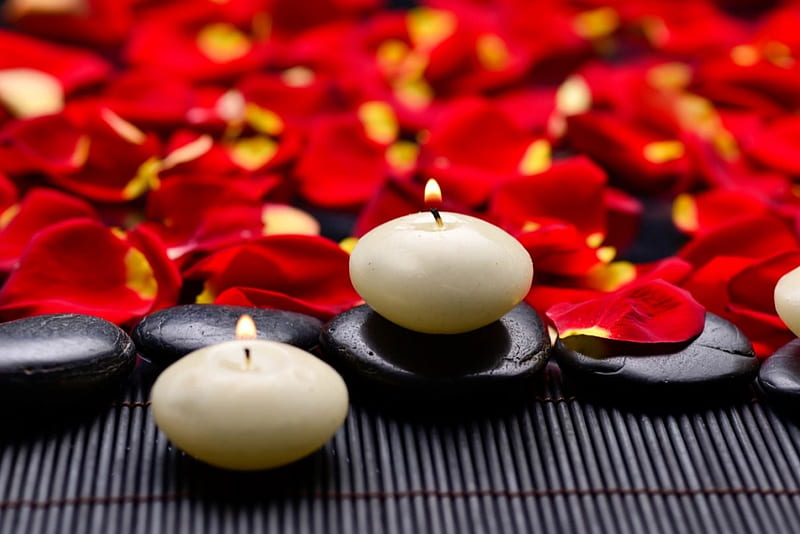 Spa background, red, candle, pretty, relax, background, scent, bonito, roses, fragrance, still life, leaves, stones, flame, spa, flowers, petals, HD wallpaper