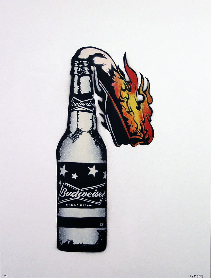 portrait display, artwork, digital art, graffiti, Molotov, Budweiser, bottles, beer, fire, white background, HD phone wallpaper