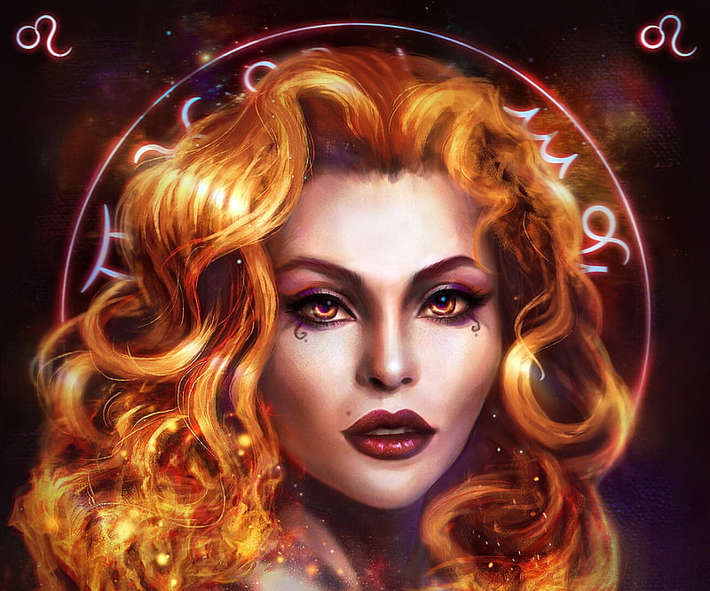 Zodiac ~ Leo, fantasy, girl, daria ridel, leu, leo, blonde, zodiac, face, yellow, HD wallpaper