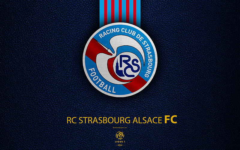 RC Strasbourg Alsace FC French football club, Ligue 1, leather texture, Strasbourg FC logo, emblem, Strasbourg, France, football, HD wallpaper