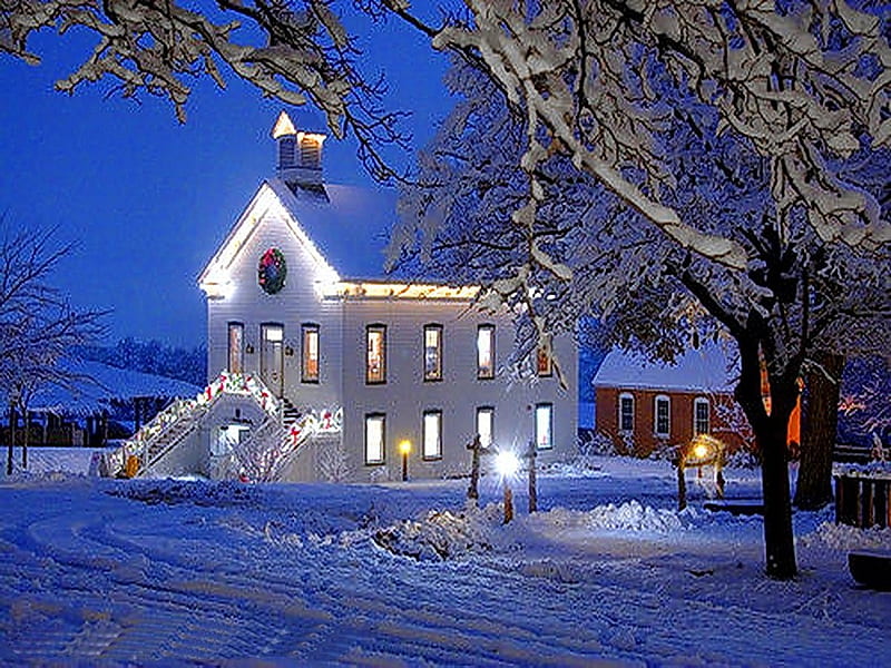 Christmas Country Church, Barn, Wreath, Light, bonito, Steps, Peaceful, Decorated, Winter, Bows, Holy, Church, Lights, Snow, Windows, Steeple, Road, Heartwarming, HD wallpaper