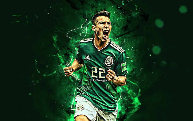 Hirving Lozano, goal, Mexico National Team, joy, soccer, footballers, Hirving Rodrigo Lozano Bahena, neon lights, Mexican football team, HD wallpaper
