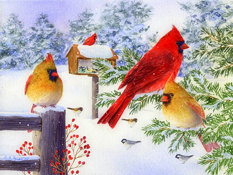 ★Cardinals in Snow Flurry★, red, branch trees, most ed, seasons, xmas and new year, greetings, cardinals, paintings, drawings, traditional art, holiday, christmas, love four seasons, birds, festivals, winter, cool, snow, berries, flurry, celebrations, HD wallpaper