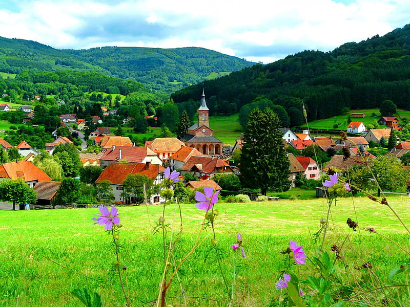Village in Alsace, grass, bonito, mountain, nice, green, Alsace, village, flowers, hills, quiet, calmness, lovely, view, roofs, greenery, France, sky, freshness, Europe, serenity, peaceful, summer, meadow, field, HD wallpaper