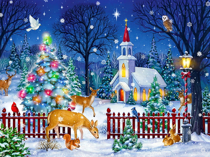 Peaceful night, peaceful, night, deer, winter, eve, art, christmas, holiday, cottage, tree, snow, HD wallpaper