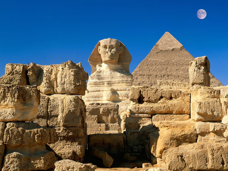 Untitled , moon, great sphinx, giza, chephren pyramid, blue sky, egypt, HD wallpaper