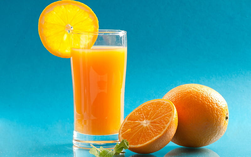 orange juice, citruses, oranges, glass with juice, fruit juice, mint, juice, HD wallpaper