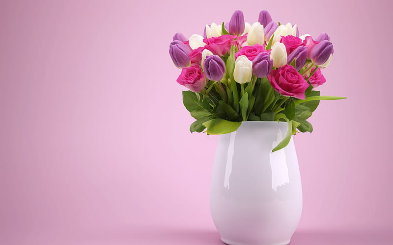 colorful spring bouquet, flowers in a vase, purple tulips, pink roses, white tulips, HD wallpaper