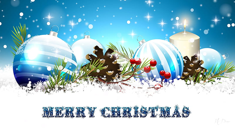 Blue Christmas, pine cones, sparkle, Christmas, balls, berries, snow, Feliz Navidad, candles, HD wallpaper