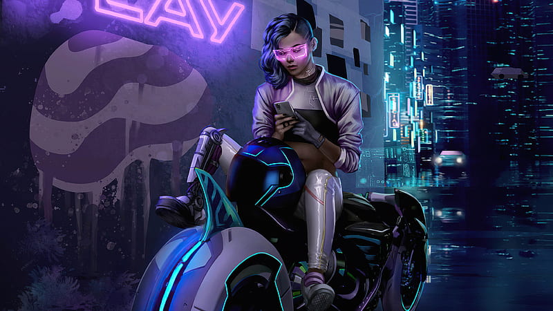Cyberpunk Bike Girl Texting Phone , cyberpunk, artist, artwork, digital-art, artstation, HD wallpaper