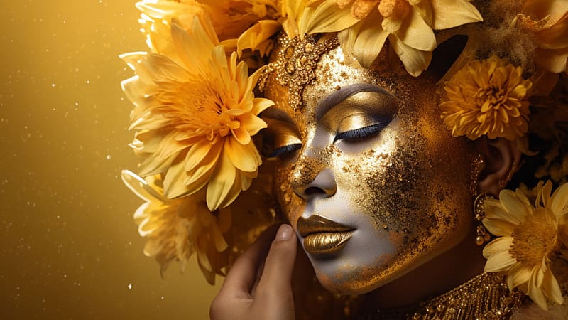 :), mask, yellow, woman, girl, face, makeup, golden, flower, model, HD wallpaper