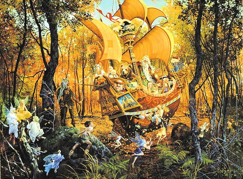 Flight of the Fablemaker, forest, ship, painting, trees, artwork, animals, HD wallpaper