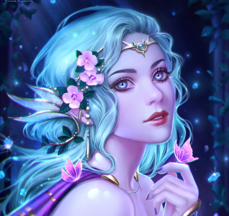 Moon elf, pink, blue, luminos, riikka sofia riekkinen, moon, elf, midorisa, fantasy, moon, girl, flower, hand, face, HD wallpaper