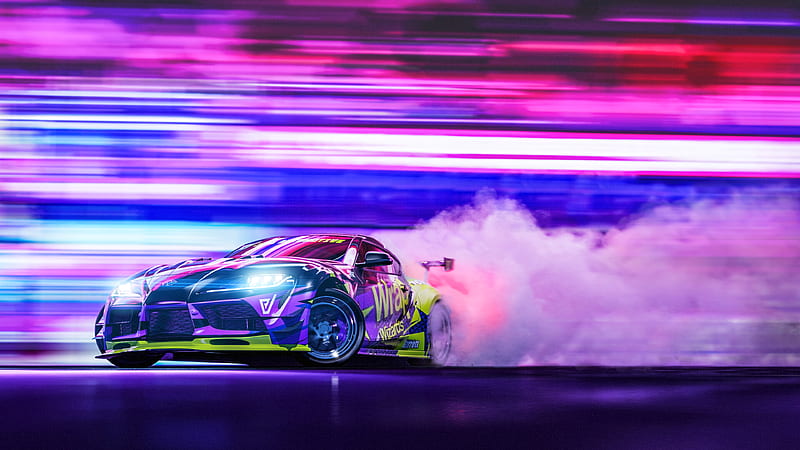 sportscar, drift, neon, smoke, speed, HD wallpaper