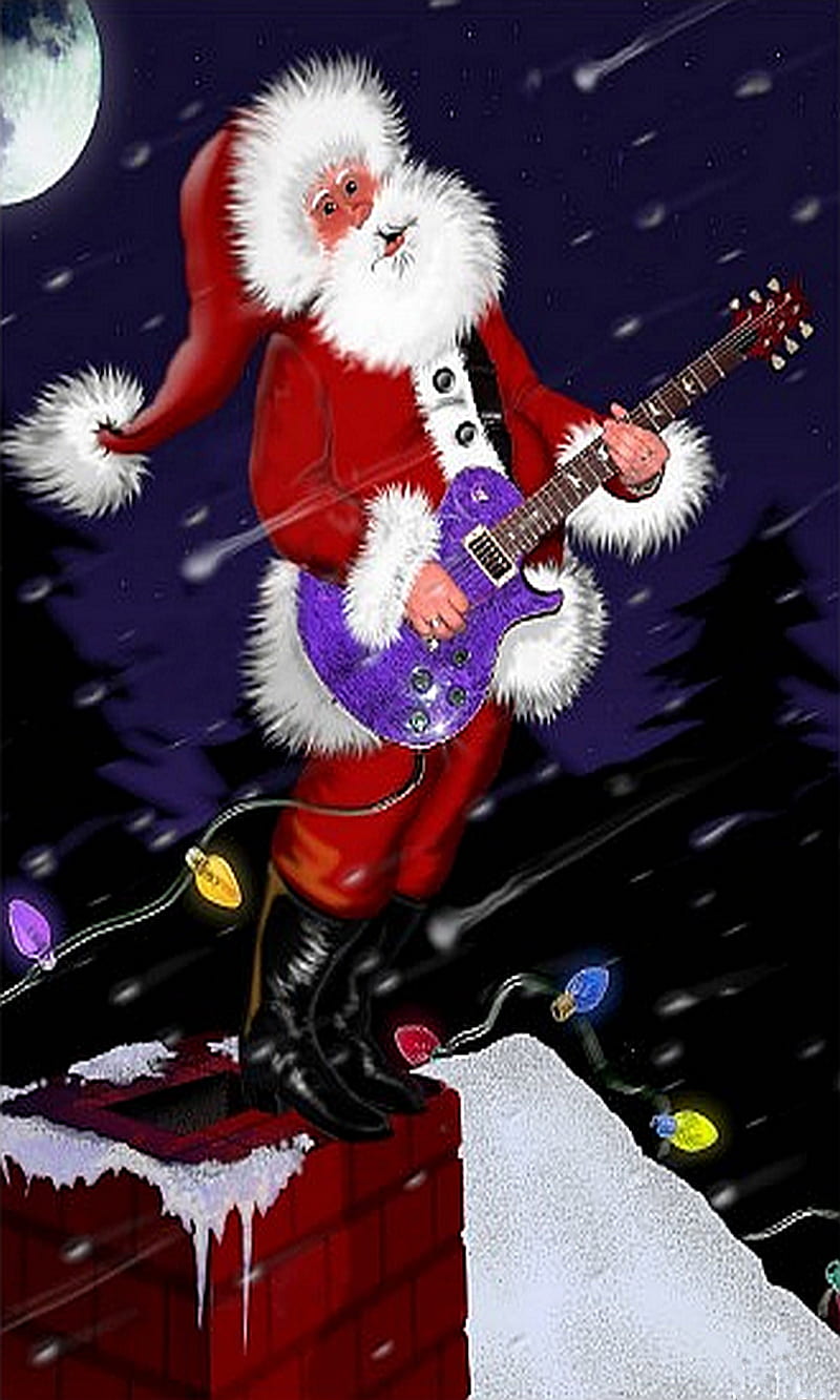 Santa Rocks, christmas, guitar, lights, moon, music, santa claus, snow, HD phone wallpaper